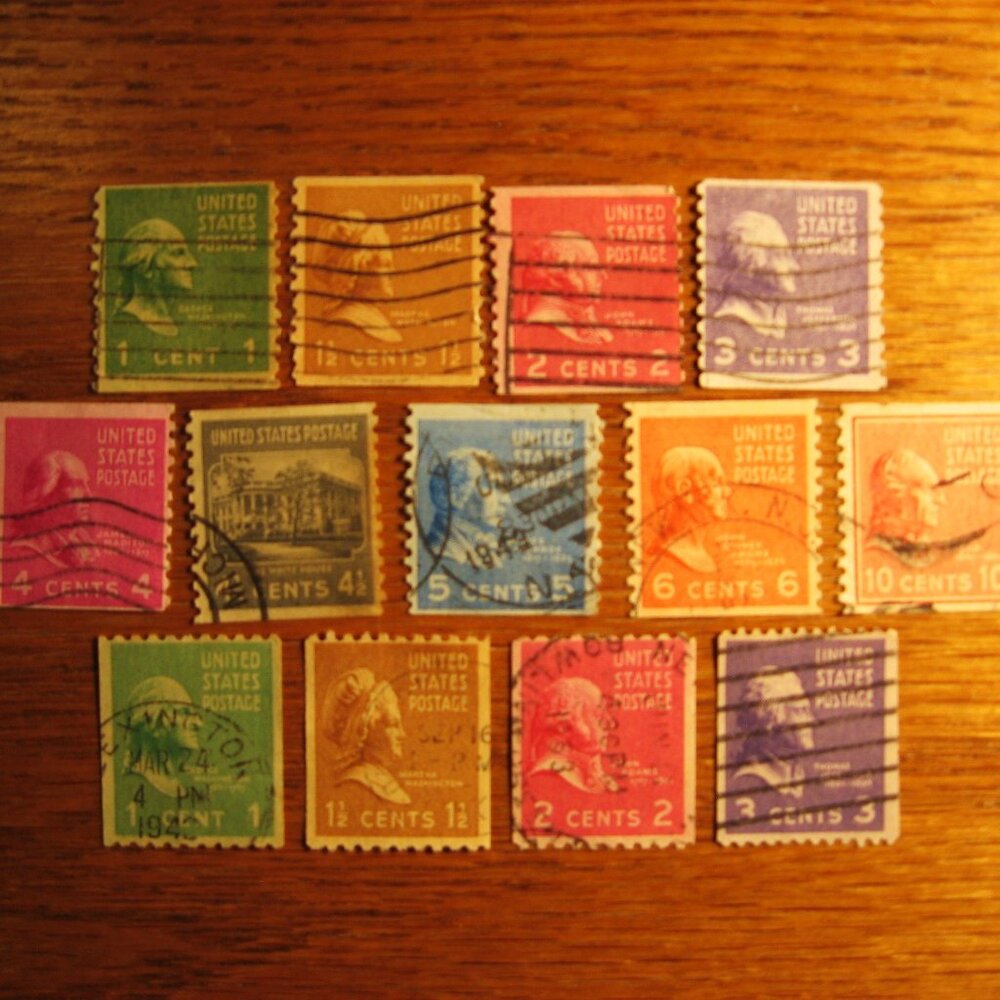 1939 complete set of 13 U.S. stamps perforated 10 vertically and 10 horizontally
